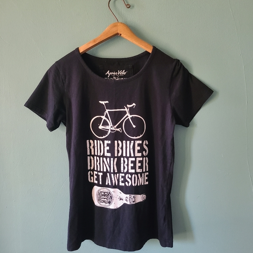 Apres Velo Black Short Sleeve Tshirt White Bike Text Size Large